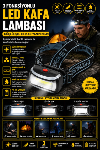 House Bird 3 Fonksiyonlu LED Kafa Lambası Feneri – Ayarlanabilir Bantlı, Güçl...