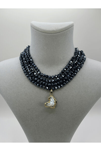 Butik MIZE NOIR Mother Doğal İnci Detaylı Çok Sıralı Lacivert Kristal Taşlı K...