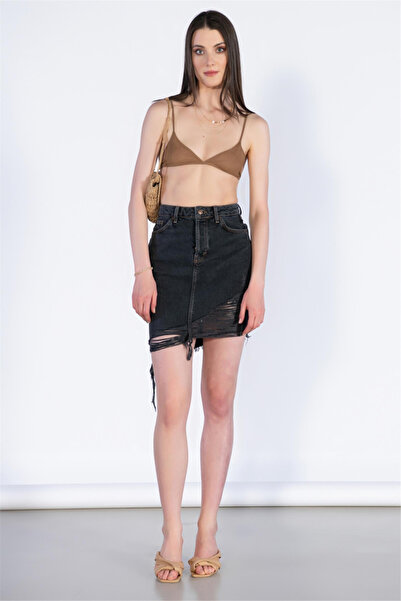 BPF Fusta mini din denim cu talie înaltă și detalii laser