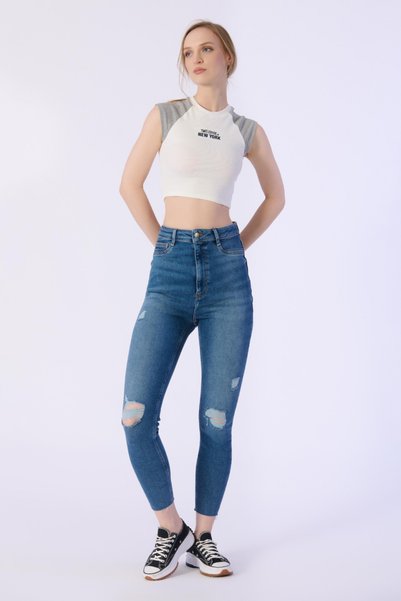 BPF Skınny Cep Kapalı Dizler Lazerlı Paça Kesik Denim Pantolon