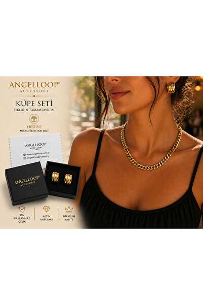 angelloop Kolye Küpe Seti-Paslanmaz Çelik Gurmet Zincir &Bombe Küpe-Gold-Mikr...