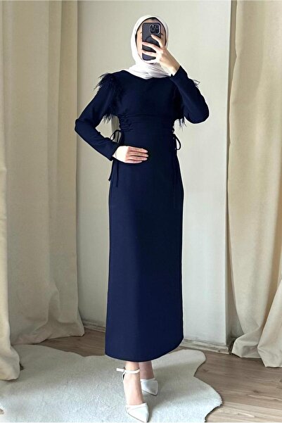 TRENDTESETTÜR KADIN LACİVERT (K.LACİVERT) TÜY DETAYLI ELBİSE T 5795