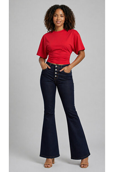 LİMMODA Women's Red Slim Fit Basic T-Shirt Short Sleeve Casual Crop