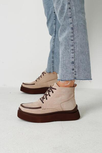 Beyond Γυναικείες Μπεζ Lace Up Ultra Light Δερμάτινες ραφές Λεπτομερείς Suede...