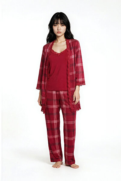 Ecrou Γυναικείο μπορντό καρό βελούδινο παντελόνι με λουράκια, σετ πιτζάμες 3 ...