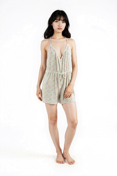 Ecrou Γυναικεία ολόσωμη φόρμα πιτζάμα με γεωμετρικό σχέδιο εκρού, μαλακό κορδ...