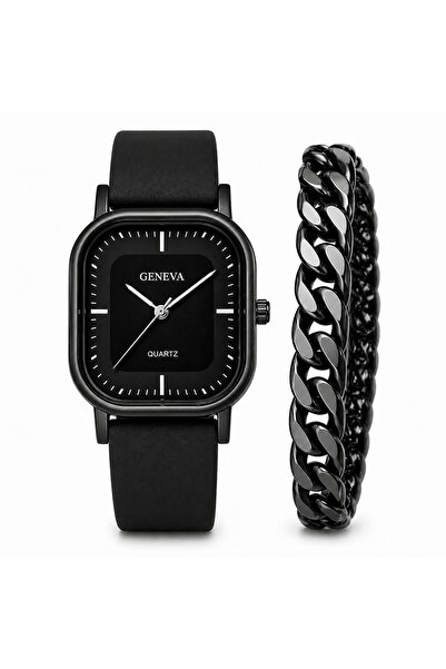 Geneva Platinum Ανδρικό Σετ Δώρου: Μαύρο Ρολόι Geneva + Κουβανέζικο Βραχιόλι