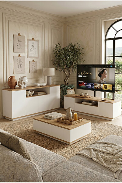 Robin Home Loft Tv Ünitesi Orta Sehpa Konsol 3'lü Set Çam-beyaz