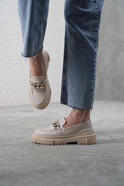 Beyond Μπεζ δερμάτινη χοντρή σόλα Loafer Moccasin - Γυναικεία παπούτσια με αλ...