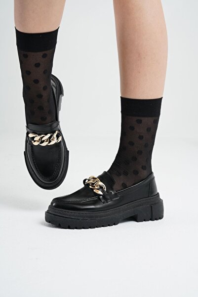 Beyond Γυναικεία Μαύρα Δερμάτινα Loafer Μαύρη Αλυσίδα Χοντρή Σόλα 4,5cm Παπού...