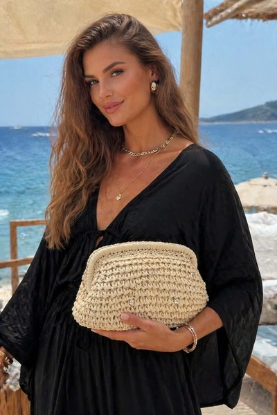 FELLMENS Μπεζ Χειροποίητη Πλεκτή Ψάθινη Γυναικεία Τσάντα – 27x15 εκ.