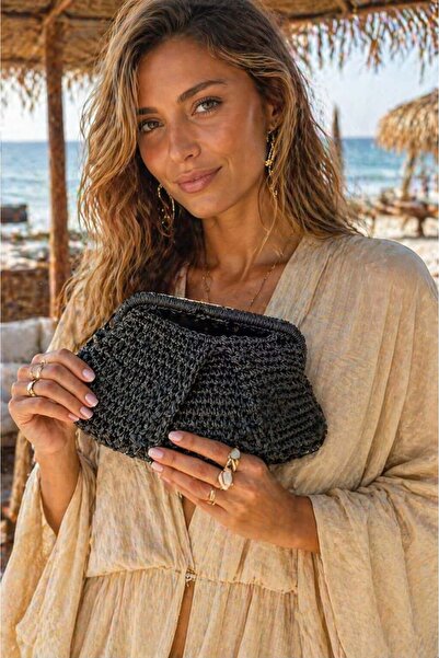 FELLMENS Μαύρη Χειροποίητη Ψάθινη Γυναικεία Τσάντα – 35x20 εκ.