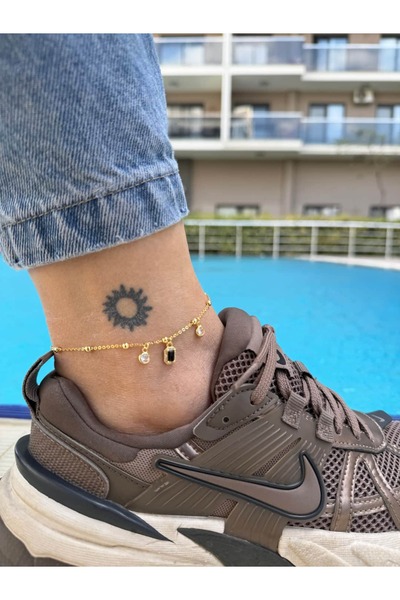 ATELİER TUĞBA Hlh025 Black Stone Detail Gold Anklet (21cm + 5cm Extension)