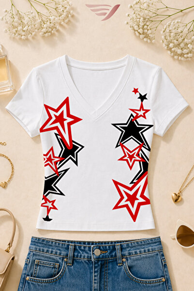 Velostra Women's Red Black Star Printed Basic Daily Use V-Neck Slim Fit T-Shirt