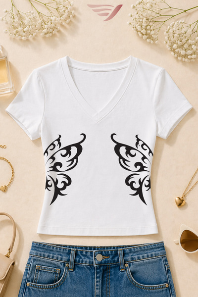 Velostra Women's Butterfly Wing Printed Basic Daily Use V-Neck Slim Fit T-Shirt