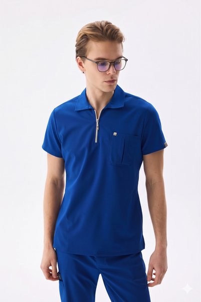 Class Üniforma Men's Polo Neck Medical Uniform Set Cobalt Blue Lycra Doctor Nurse Uniform