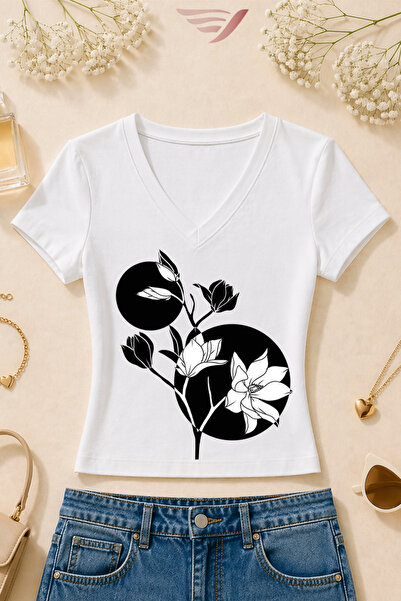 Velostra Women's Floral Printed Basic Daily Use V-Neck Slim Fit T-Shirt