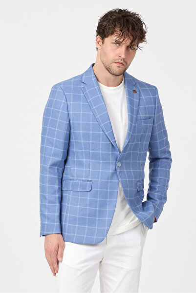 Frappoli Duccio Men's Blue Mono Collar Plaid Polyviscon Fabric Slim Fit Sport...