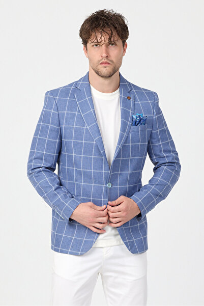 Frappoli Virone Men's Indigo Mono Collar Plaid Polyviscon Fabric Slim Fit Spo...