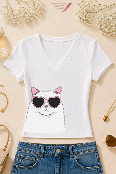 Velostra Women's Glasses-Wearing Cat Printed Basic Daily Use V-Neck Slim Fit ...