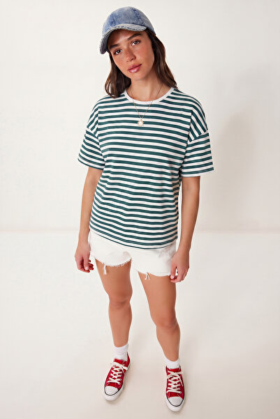 Lovelyİstanbul Ριγέ μπλουζάκι από βισκόζη σε μεγάλο μέγεθος LRN0041 ΠΡΑΣΙΝΟ Λ...