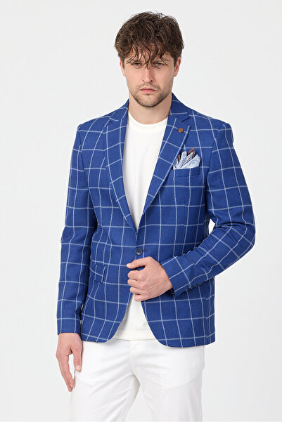 Frappoli Virone Men's Saks Mono Collar Plaid Polyviscon Fabric Slim Fit Sport...