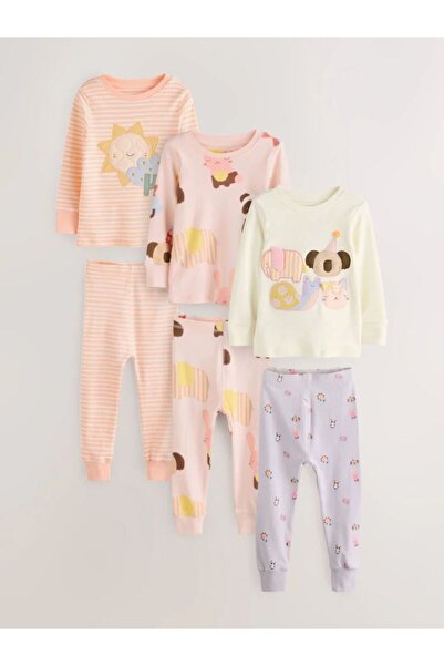 Next Baby Pamuklu Pembe Krem Baskılı Uzun Kollu Rahat Pijama 3'lü Alt Üst Takım