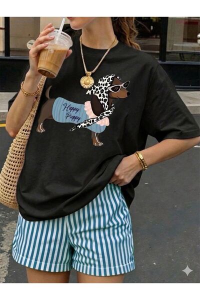 LELVANİ Γυναικείο μπλουζάκι με στάμπα σκύλου με μπλε ρούχα και χαρούμενο κουτάβι