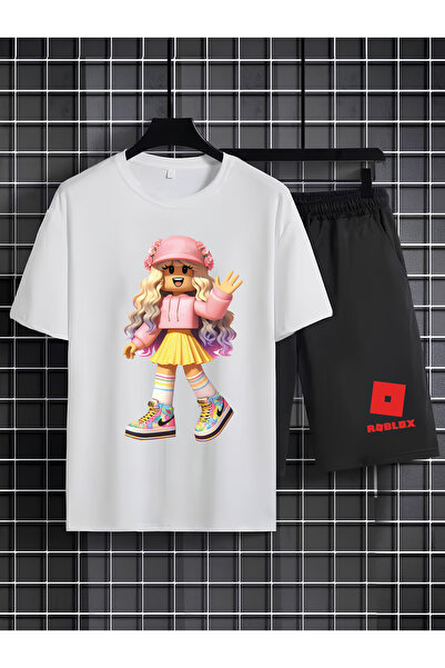 MAGORS Roblox Printed 100% Cotton Crewneck Children's T-Shirt-Shorts Two-Piec...
