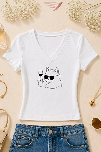 Velostra Women's Minimal Cat Printed Basic Daily Use V-Neck Slim Fit T-Shirt