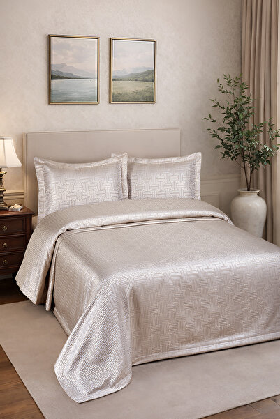 BİRHOME Hermira Jakarlı Çift Kişilik Modern Yatak Örtüsü Takımı 3 Parça 240x250cm (bej)