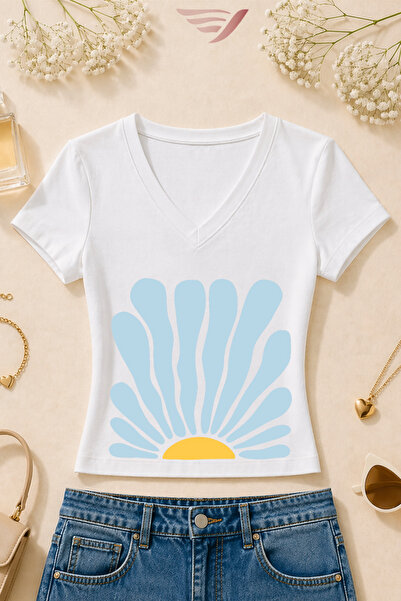 Velostra Women's Pastel Blue Daisy Printed Basic Daily Use V-Neck Slim Fit T-...