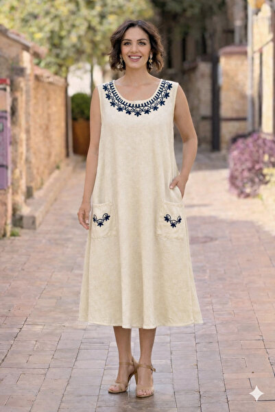 Nevin Kaya Moda Αλατσάτι Κεντημένο Λινό Φόρεμα