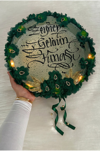 ZEYMERADE Zümrüt Yeşili Ledli Gelin Tefi 32cm, Üç Boyutlu Çiçek Ve Parlak Taş...