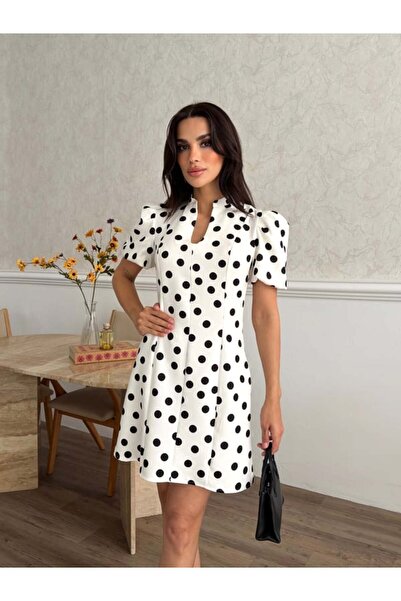 Zey Studio Γυναικείο λευκό φόρεμα με πουά γιακά