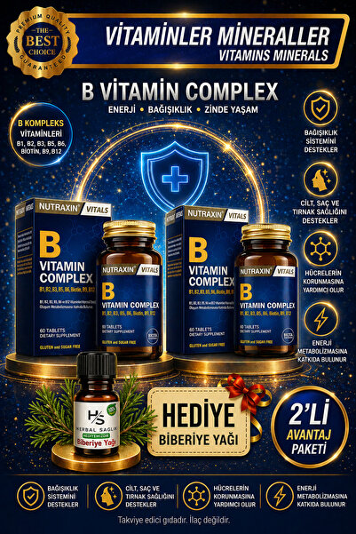 Nutraxin 2 Adet B Complex (B1-B2-B3-B5-B6-B12) 60 Adet Vitamin Tablet + HEDİY...