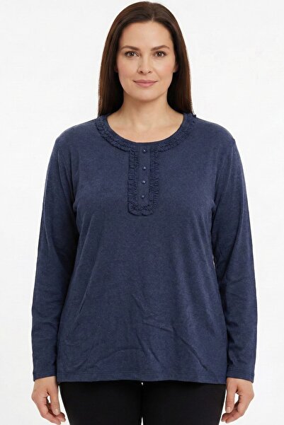 hadiora Women's Navy Blue Ruffle Detailed Buttoned Combed Cotton Blouse