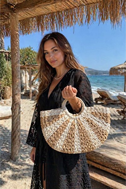 BALIENTE Γυναικεία τσάντα από ψάθα, πλεκτή στο χέρι, σε χρώμα καμήλας – 40x25...