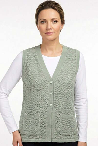hadiora Women's Green Openwork V-Neck Knitted Vest with Pockets