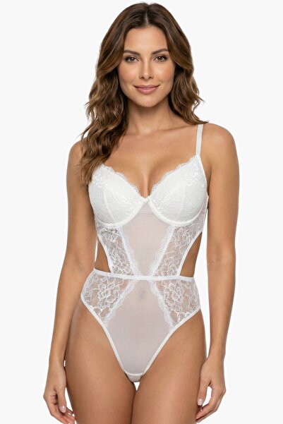 hadiora Kadın Beyaz Dantelli Tül Detaylı Desteksiz Bodysuit
