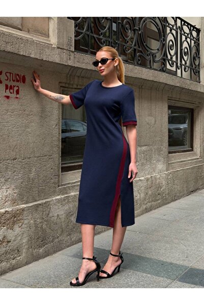 AYASOFYA OTANTIK Γυναικείο μίντι φόρεμα σε μπλε ναυτικό χρώμα με στρογγυλή λα...