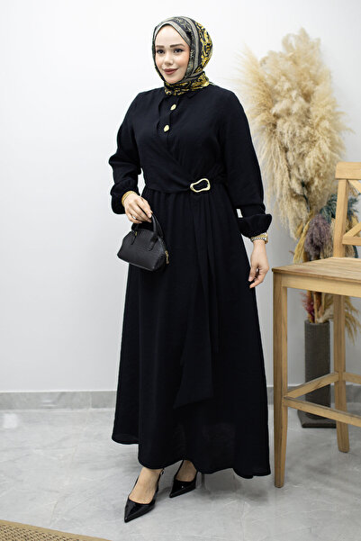 Tesettür Dünyası Φόρεμα με λεπτομέρεια αγκράφας στο πλάι TSD260203 Μαύρο