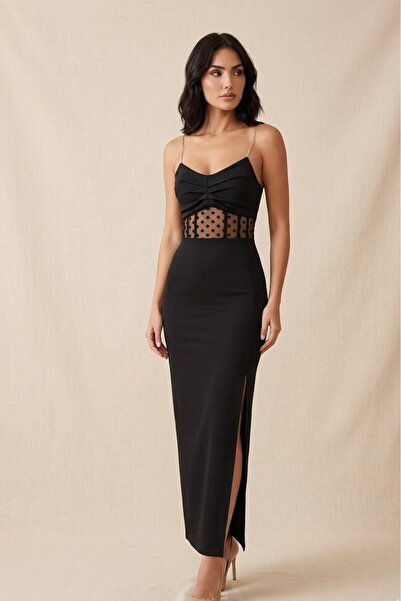 FORTY FOUR Black Midi Dress with Sheer Waist Panel