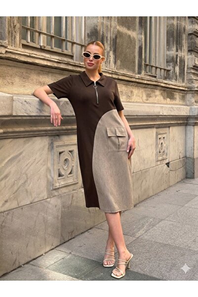 AYASOFYA OTANTIK Γυναικείο καφέ φόρεμα μίντι από τένσελ με λεπτομέρεια τσέπης...