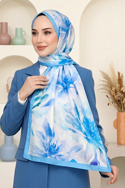 hadiora Women's Blue Watercolor Floral Patterned Soft Shawl