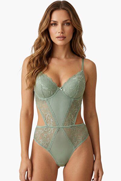 hadiora Kadın Çağla Yeşili Dantelli Tül Detaylı Desteksiz Bodysuit
