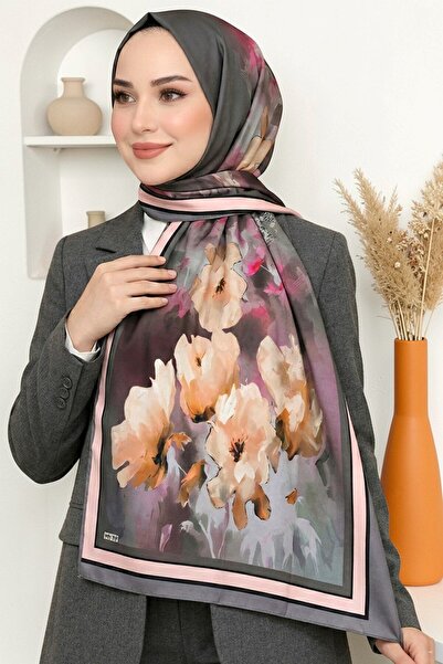 hadiora Kadın Pembe Gri Çiçek Desenli Soft Şal