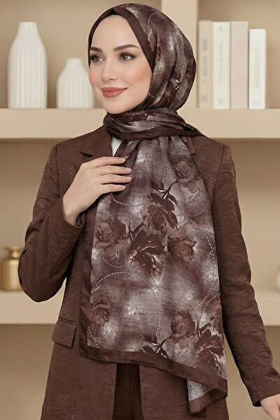 hadiora Women's Brown Floral Patterned Bamboo Crush Shawl