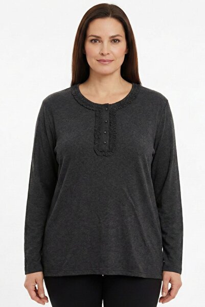 hadiora Women's Anthracite Ruffle Detailed Buttoned Combed Cotton Blouse