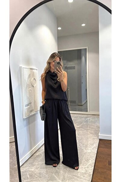 LADY SHOPPING Azelia Μαύρη Μπλούζα με Γιακά και Ελαστική Μέση, Σατέν Σετ Παντ...